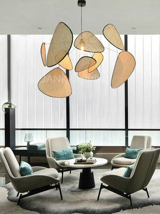 French Designer Rattan Wicker Chandelier